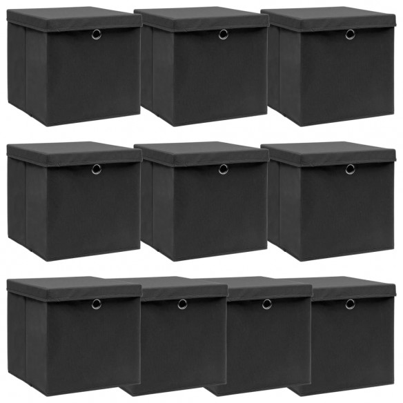 Boîtes de rangement avec couvercle 10 pcs Noir 32x32x32cm Tissu