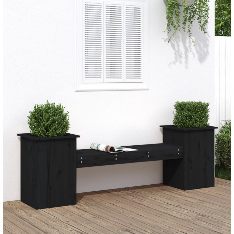 Banc avec jardinières noir 184,5x39,5x56,5cm bois massif de pin