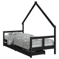 Cadre de lit enfant tiroirs noir 80x200 cm bois de pin massif