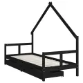 Cadre de lit enfant tiroirs noir 80x200 cm bois de pin massif