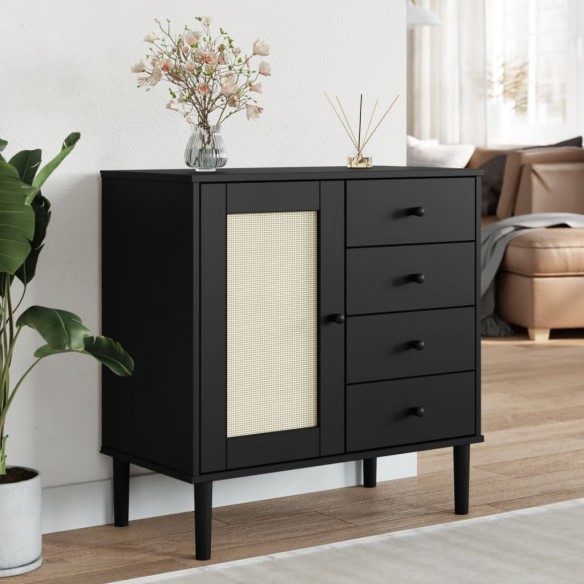 Buffet SENJA aspect rotin noir 80x40x80 cm bois massif de pin