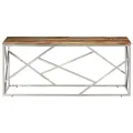 Table basse argenté inox et bois de récupération massif