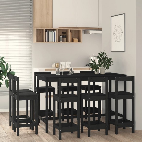 Ensemble de bar 9 pcs Noir Bois de pin massif