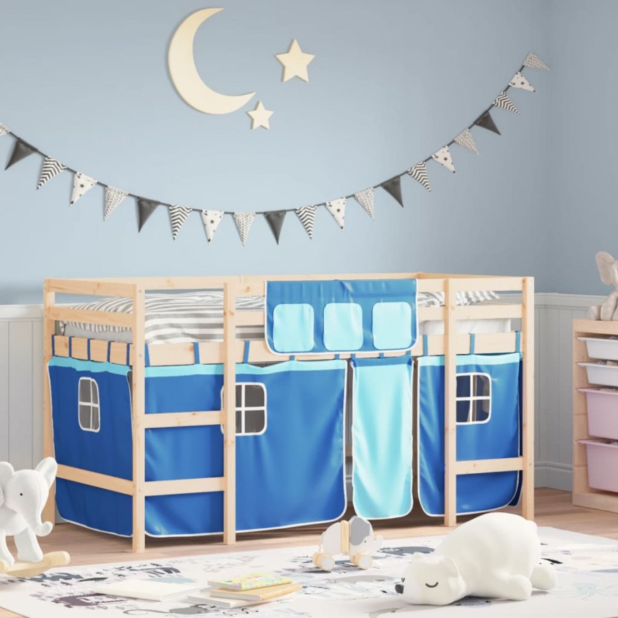 Lit mezzanine enfants et rideaux bleu 80x200cm bois pin massif