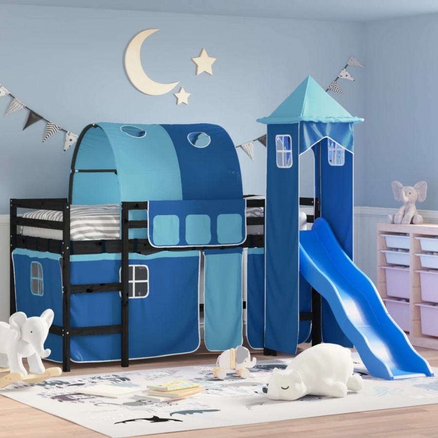 Lit mezzanine enfants avec tour bleu 90x200 cm bois pin massif