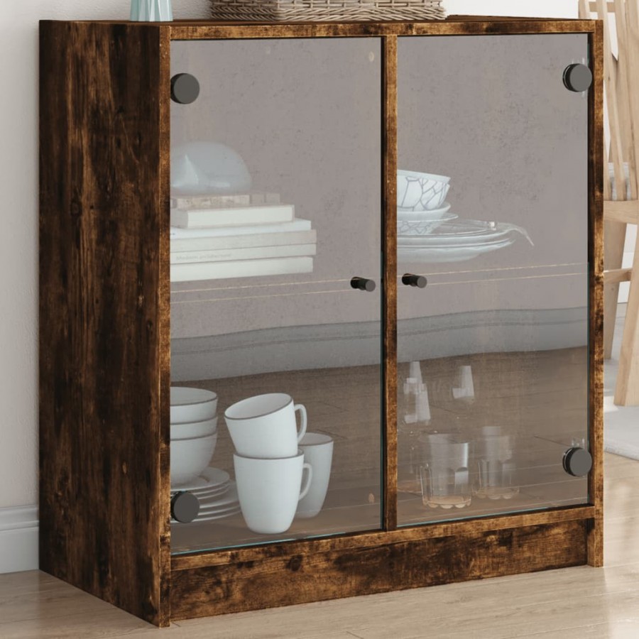 Armoire latérale avec portes en verre chêne fumé 68x37x75,5 cm