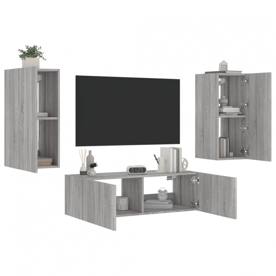 Meuble TV muraux 3 pcs avec lumières LED sonoma gris