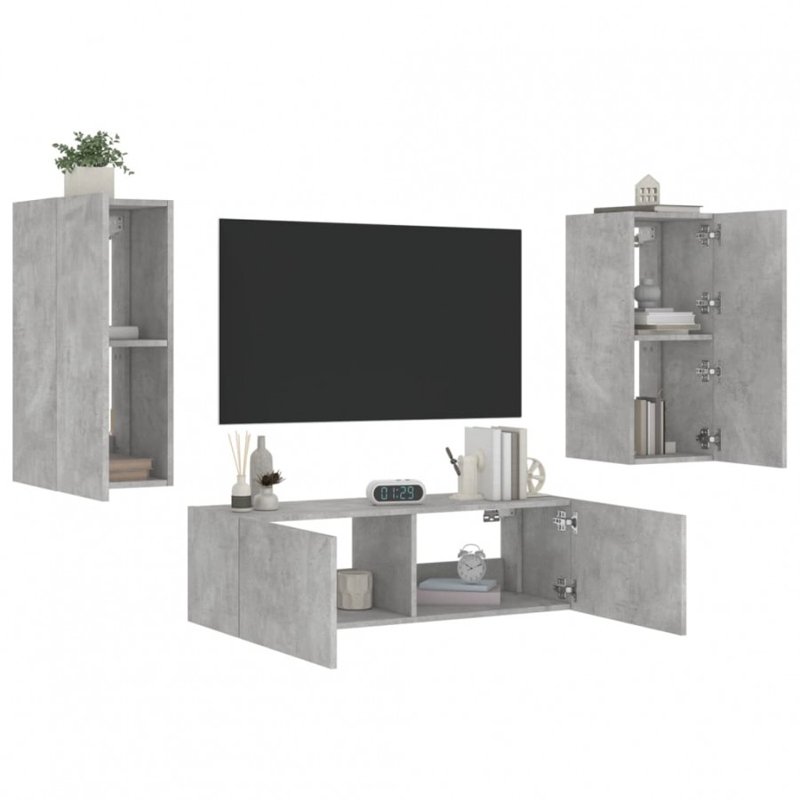 Meuble TV muraux 3 pcs avec lumières LED gris béton