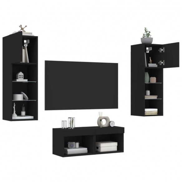 Meuble TV muraux 4 pcs avec lumières LED noir