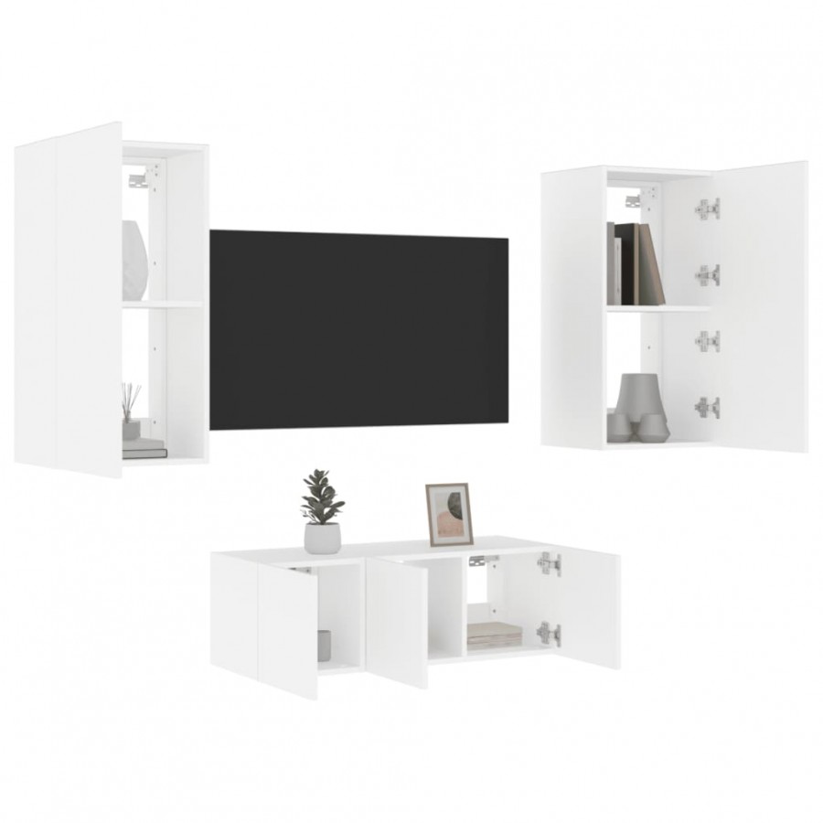 Unités murales TV avec LED 4 pcs blanc bois d'ingénierie