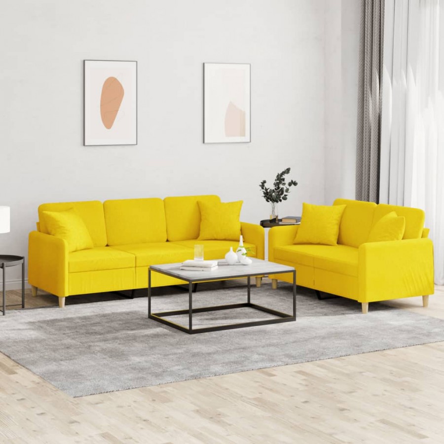 Ensemble de canapés 2 pcs avec coussins jaune clair tissu