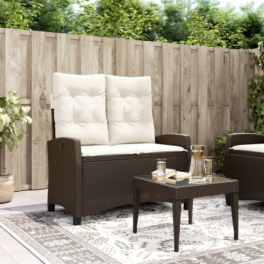 Banc inclinable de jardin avec coussins marron résine tressée