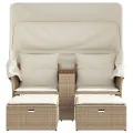 Canapé de jardin 2 places avec auvent et tabourets beige rotin
