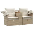 Canapé de jardin 2 places avec auvent et tabourets beige rotin