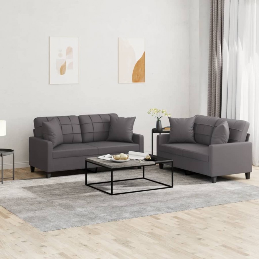 Ensemble de canapés 2 pcs avec coussins gris similicuir