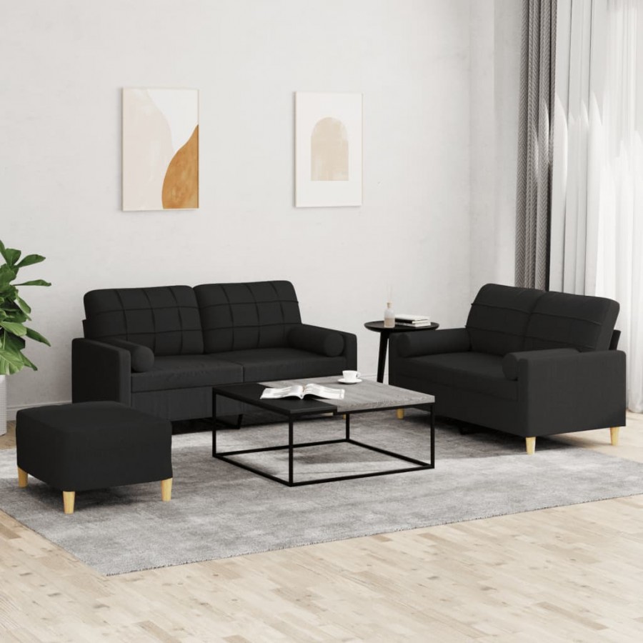 Ensemble de canapés 3 pcs avec coussins noir tissu