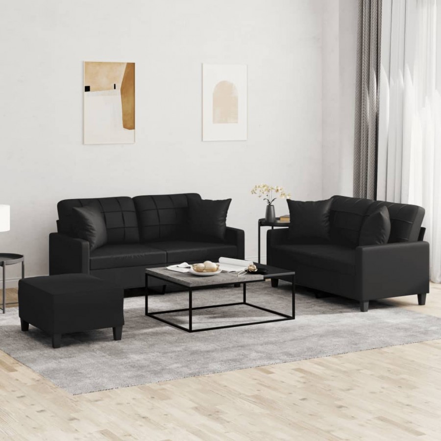 Ensemble de canapés 3 pcs avec coussins noir similicuir