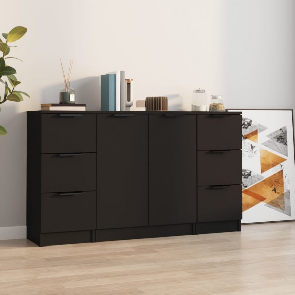 Buffets 3 pcs noir bois d'ingénierie