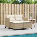 Canapé de jardin 2 places avec tabourets beige résine tressée