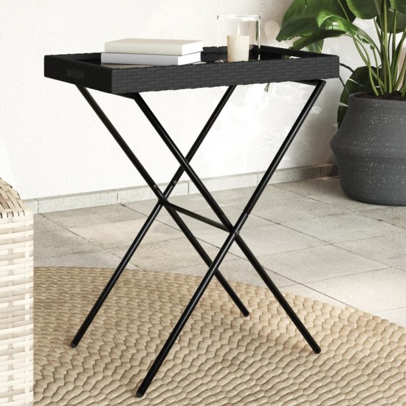 Table à plateau pliable noir 65x40x75 cm résine tressée