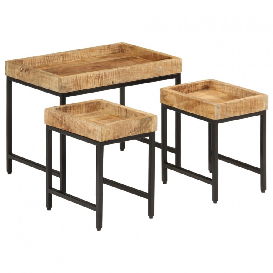 Tables basses gigognes 3pcs bois de manguier massif brut et fer