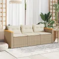 Canapé de jardin avec coussins 3 places beige résine tressée
