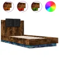 Cadre de lit tête de lit et lumières LED chêne fumé 90x190 cm