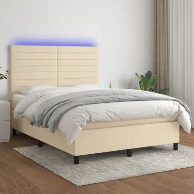 cadre de lit et matelas et LED Crème 140x190cm Tissu