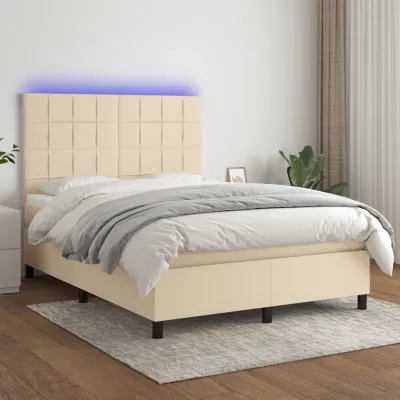 cadre de lit et matelas et LED Crème 140x190cm Tissu