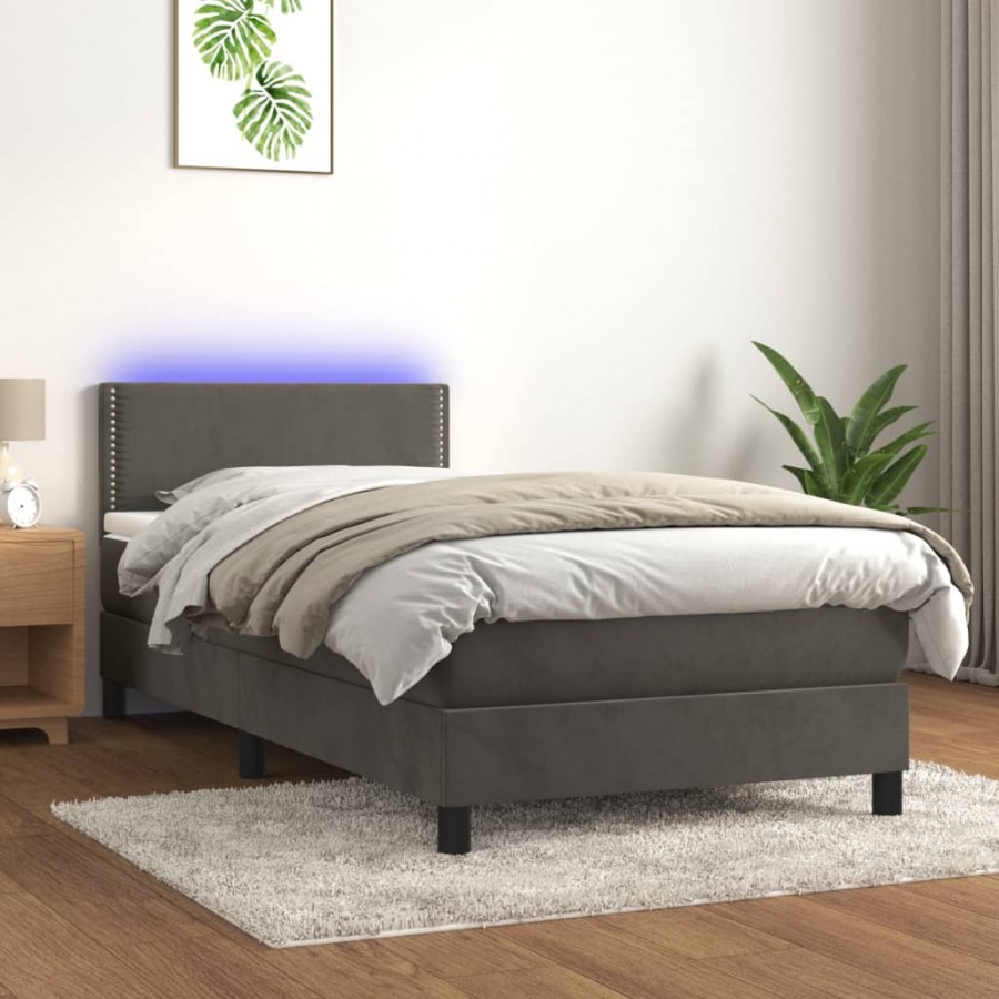 Sommier à lattes de lit avec matelas et LED Gris foncé 90x190cm