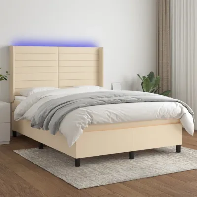 cadre de lit matelas et LED Crème 140x190 cm Tissu