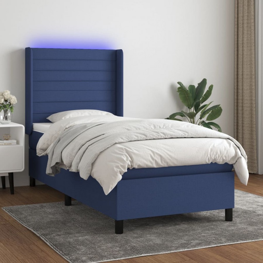 Sommier à lattes de lit matelas et LED Bleu 90x190 cm Tissu