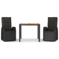 Ensemble à manger de jardin avec coussins 3 pcs Noir
