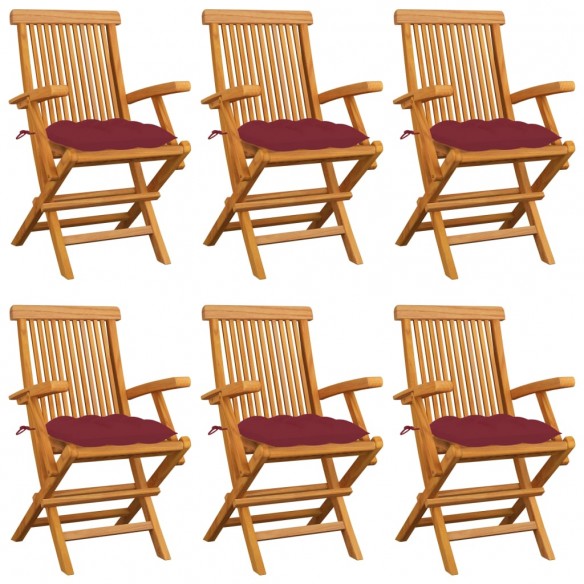 Chaises de jardin avec coussins rouge bordeaux 6pcs Teck massif