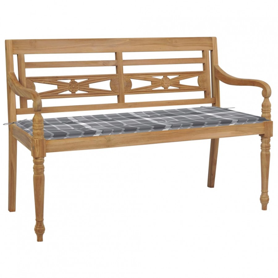 Banc Batavia avec coussin à carreaux gris 120 cm Bois de teck