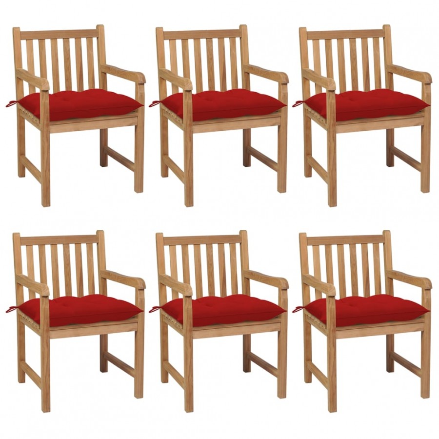 Chaises de jardin 6 pcs avec coussins rouge Bois de teck solide