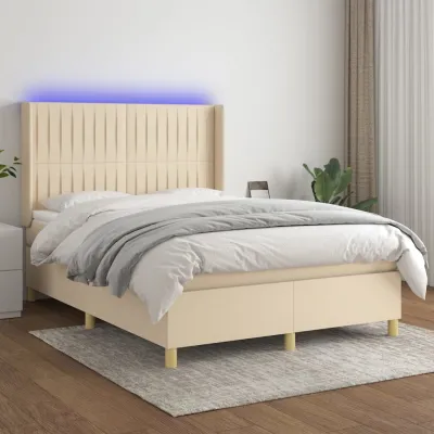 cadre de lit matelas et LED Crème 140x190 cm Tissu