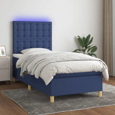 cadre de lit et matelas et LED Bleu 90x200 cm Tissu