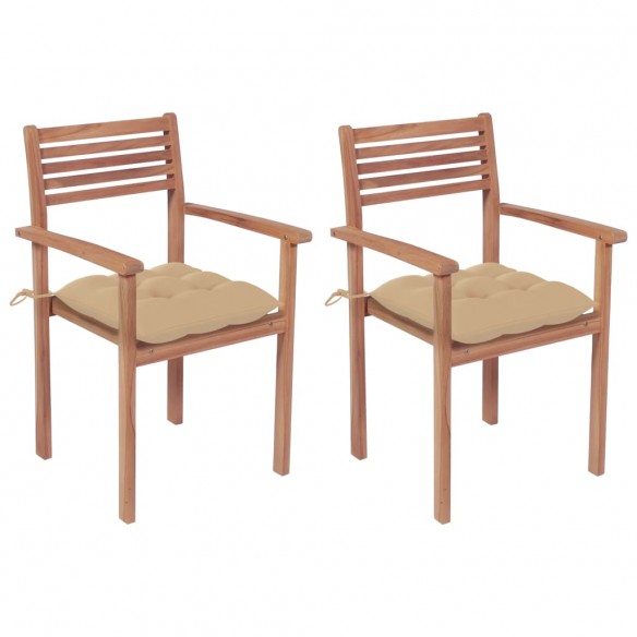 Chaises de jardin 2 pcs avec coussins beige Bois de teck massif