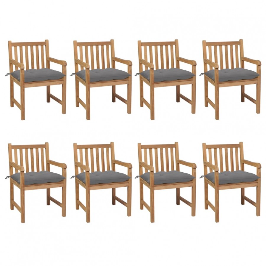 Chaises de jardin 8 pcs avec coussins gris Bois de teck solide