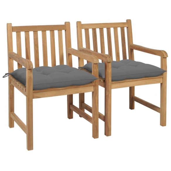 Chaises de jardin 2 pcs avec coussins gris Bois de teck massif