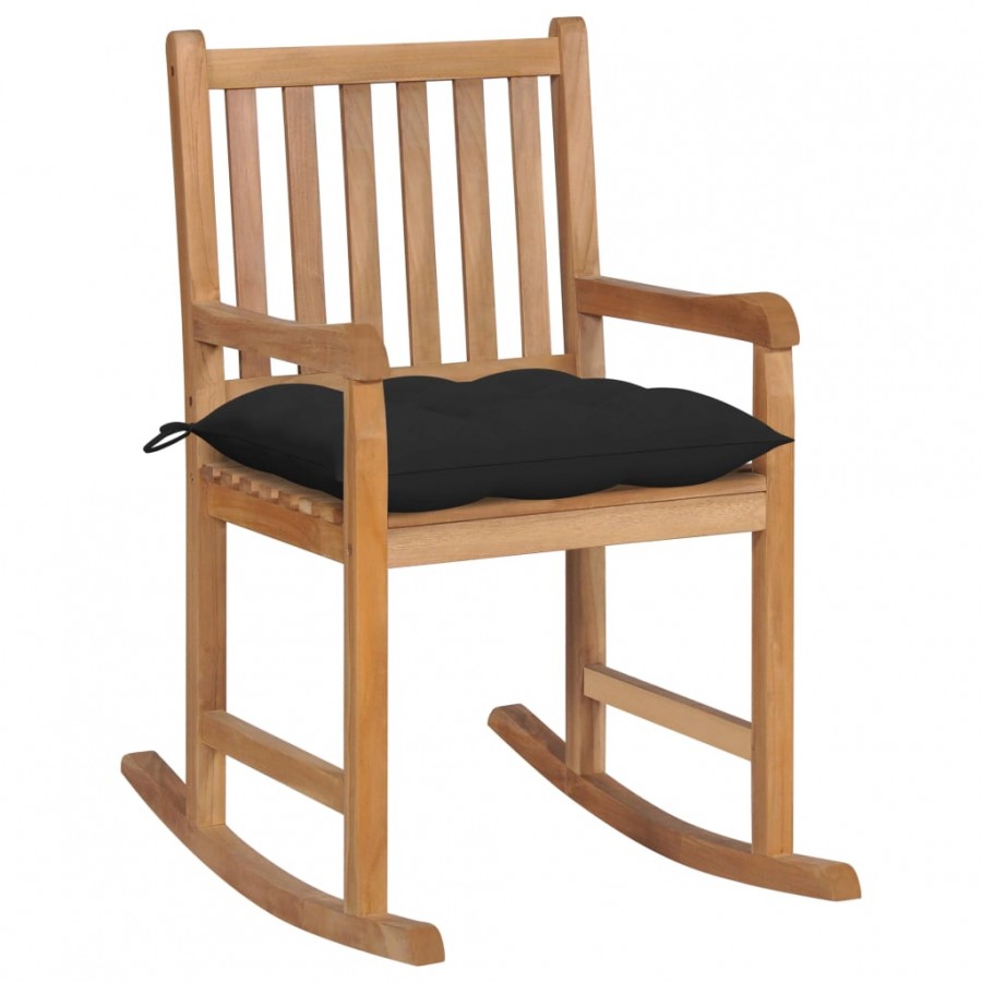 Chaise à bascule avec coussin noir Bois de teck solide