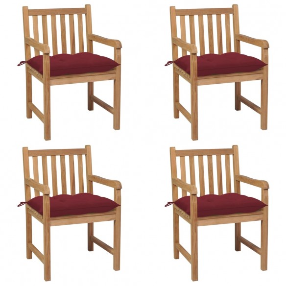 Chaises de jardin 4 pcs avec coussins bordeaux Teck solide