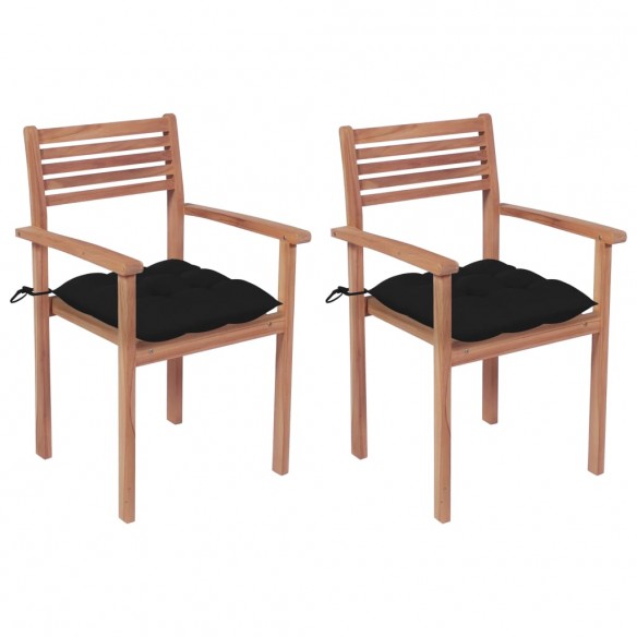 Chaises de jardin 2 pcs avec coussins noir Bois de teck massif