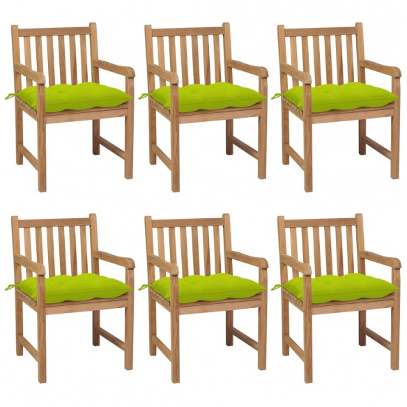 Chaises de jardin 6 pcs avec coussins vert vif Teck solide