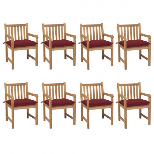 Chaises de jardin 8 pcs avec coussins bordeaux Teck solide