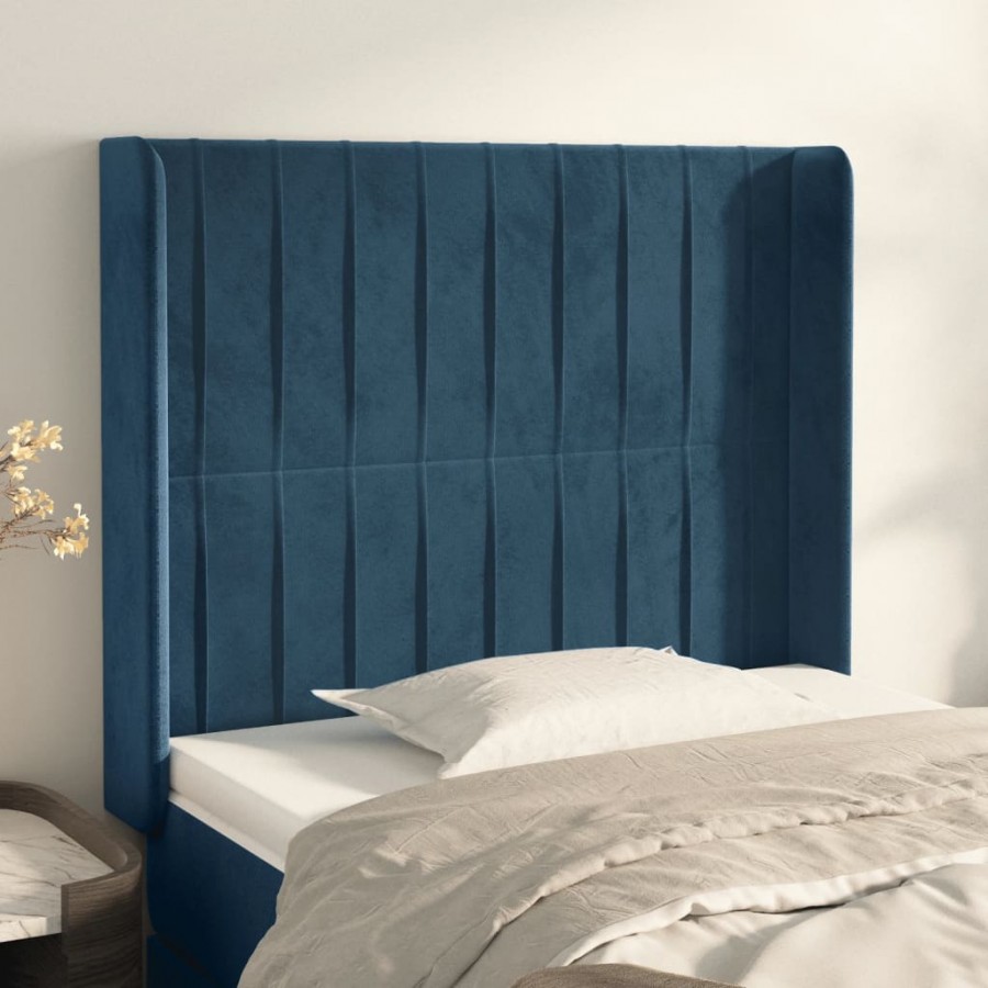 Tête de lit avec oreilles Bleu foncé 93x16x118/128 cm Velours