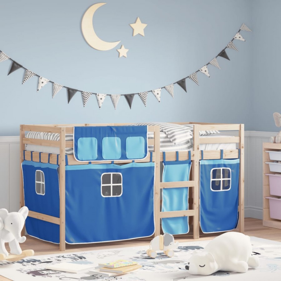 Lit mezzanine enfants et rideaux bleu 90x200cm bois pin massif