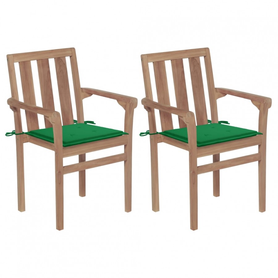 Chaises de jardin 2 pcs avec coussins vert Bois de teck massif