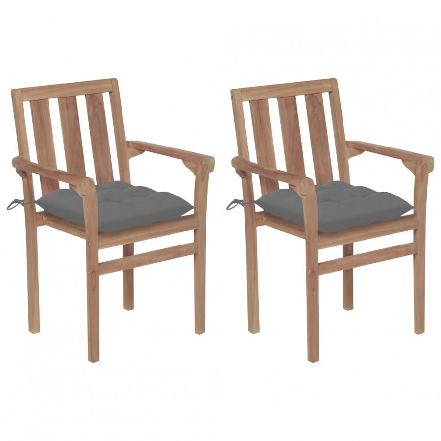 Chaises de jardin 2 pcs avec coussins gris Bois de teck massif